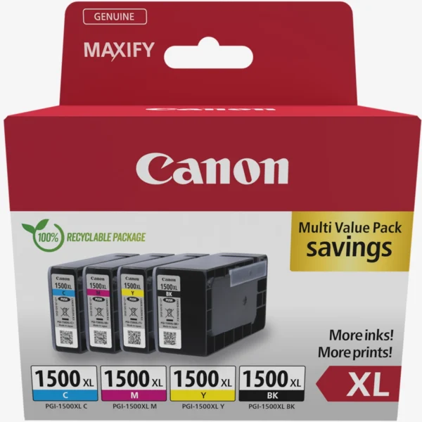 Canon 1500XL Pack de 4 cartouches d'encre Noir/Cyan/Magenta/Jaune authentiques