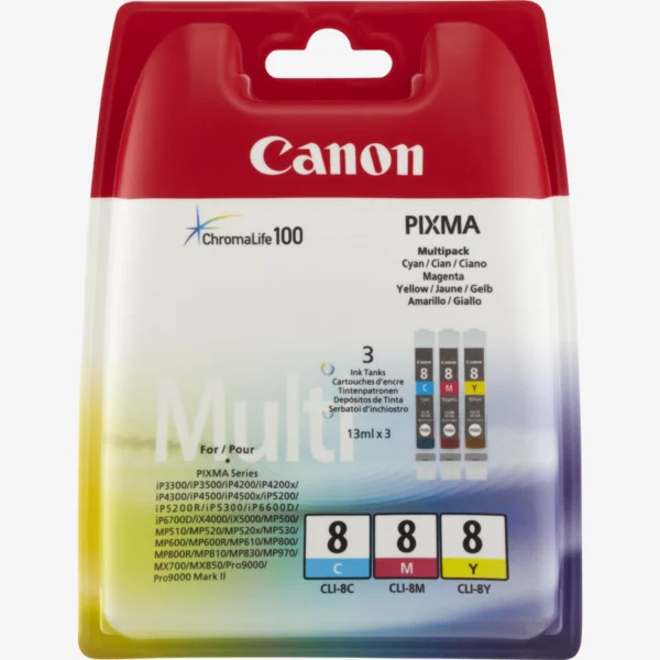 Canon CLI-8 pack de 3 cartouches d’encre cyan/magenta/jaune authentiques