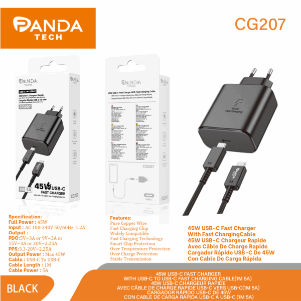 Pandatech CG207 Chargeur Rapide PD 45W avec Cable USB-C 5A 1M Noir
