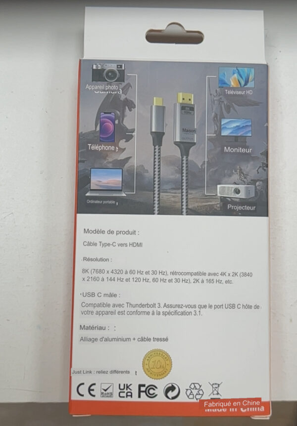 Câble USB-C vers HDMI V2.1 8K 60Hz - 2m